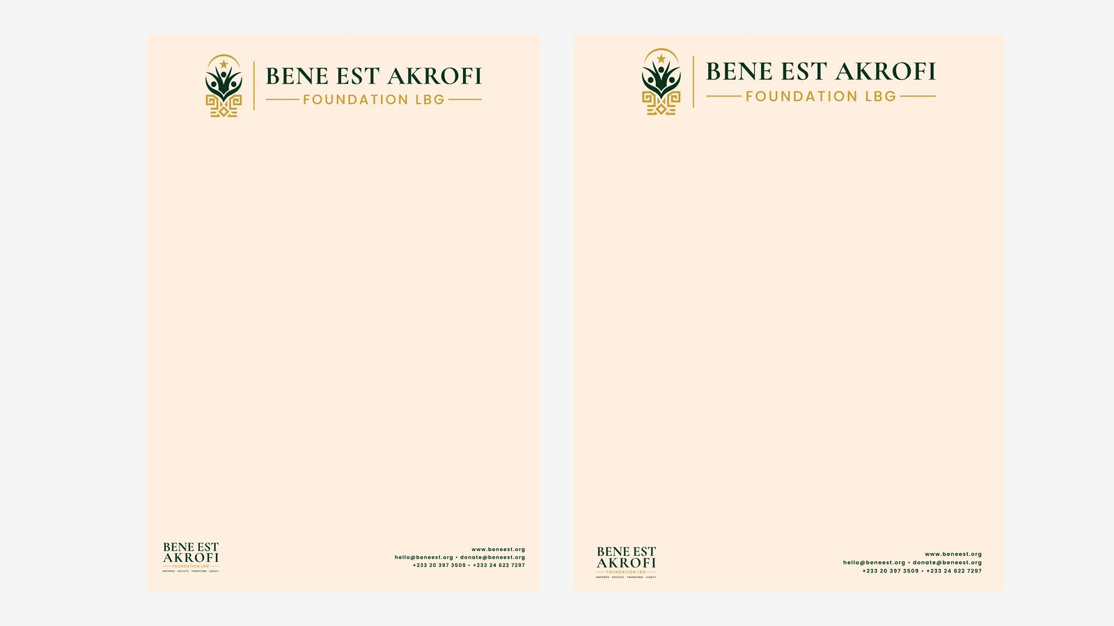 The Bene Est Akrofi letterhead in A4 and US Letter sizes on cream paper