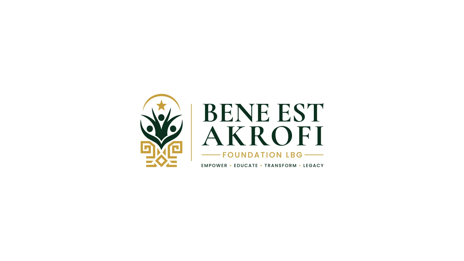 Bene Est Akrofi Foundation main logo: a star and arc above figures rising from a geometric base, beside the wordmark and the line “Empower · Educate · Transform · Legacy”