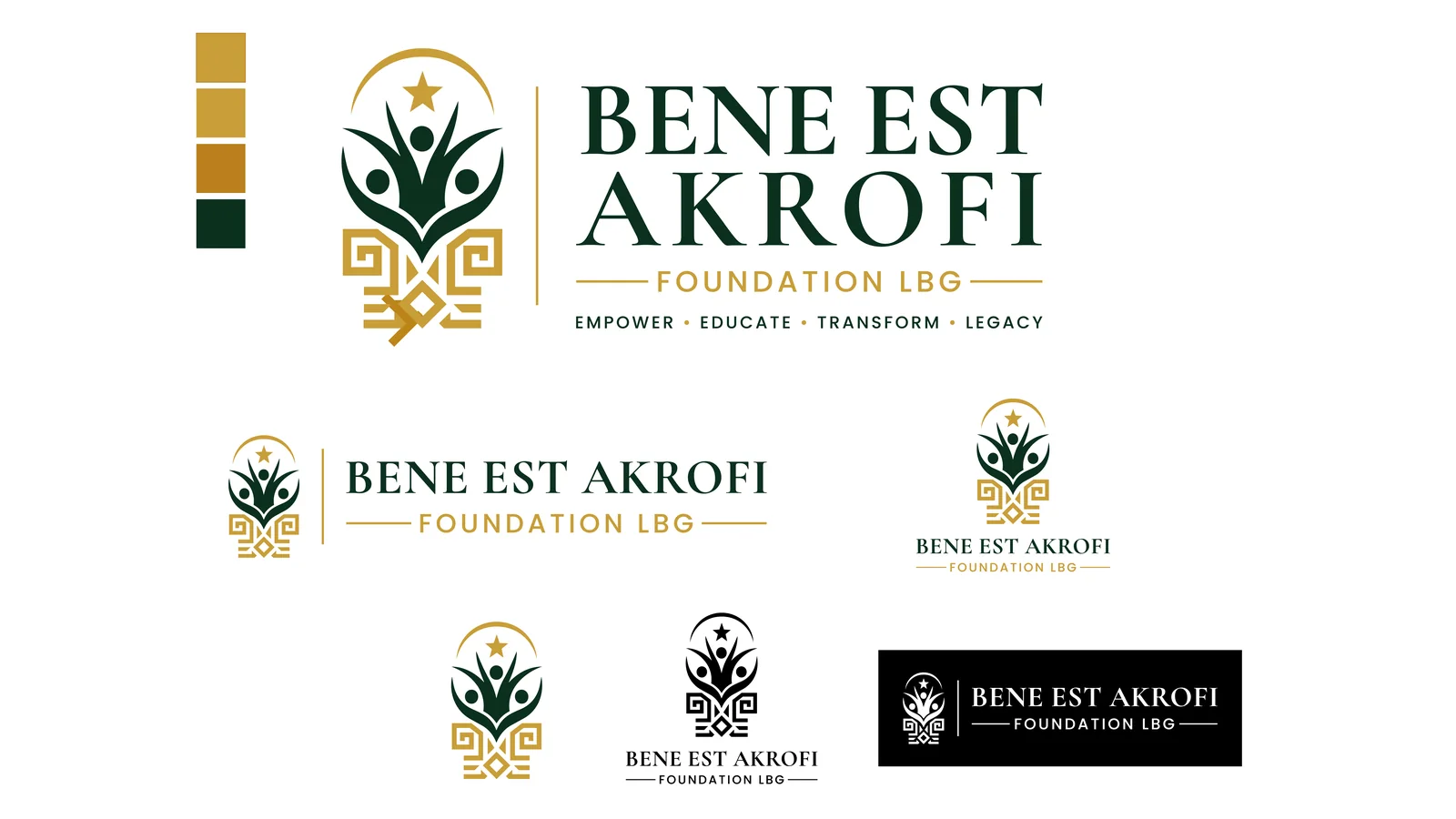 The logo system: full lockup with the colour palette, horizontal and vertical versions, icon, monogram and an inverted version on black