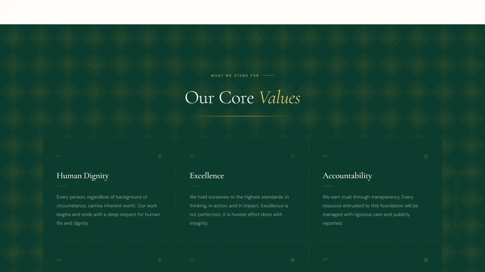 “Our Core Values” section: human dignity, excellence, accountability, longevity, African identity and servant leadership