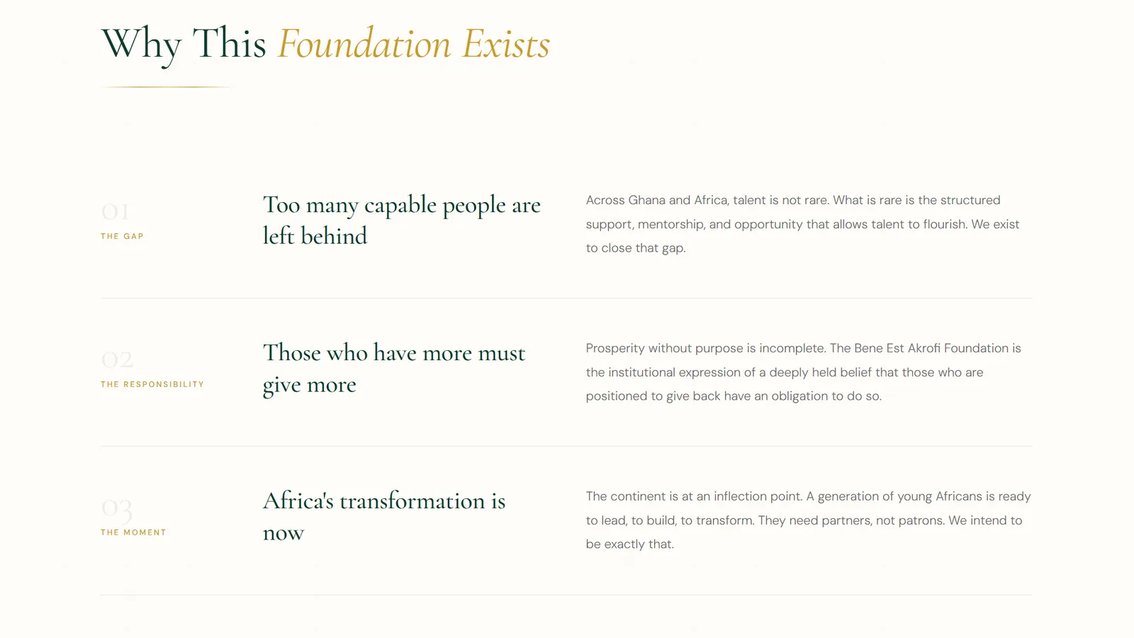 “Why This Foundation Exists” section with three numbered reasons
