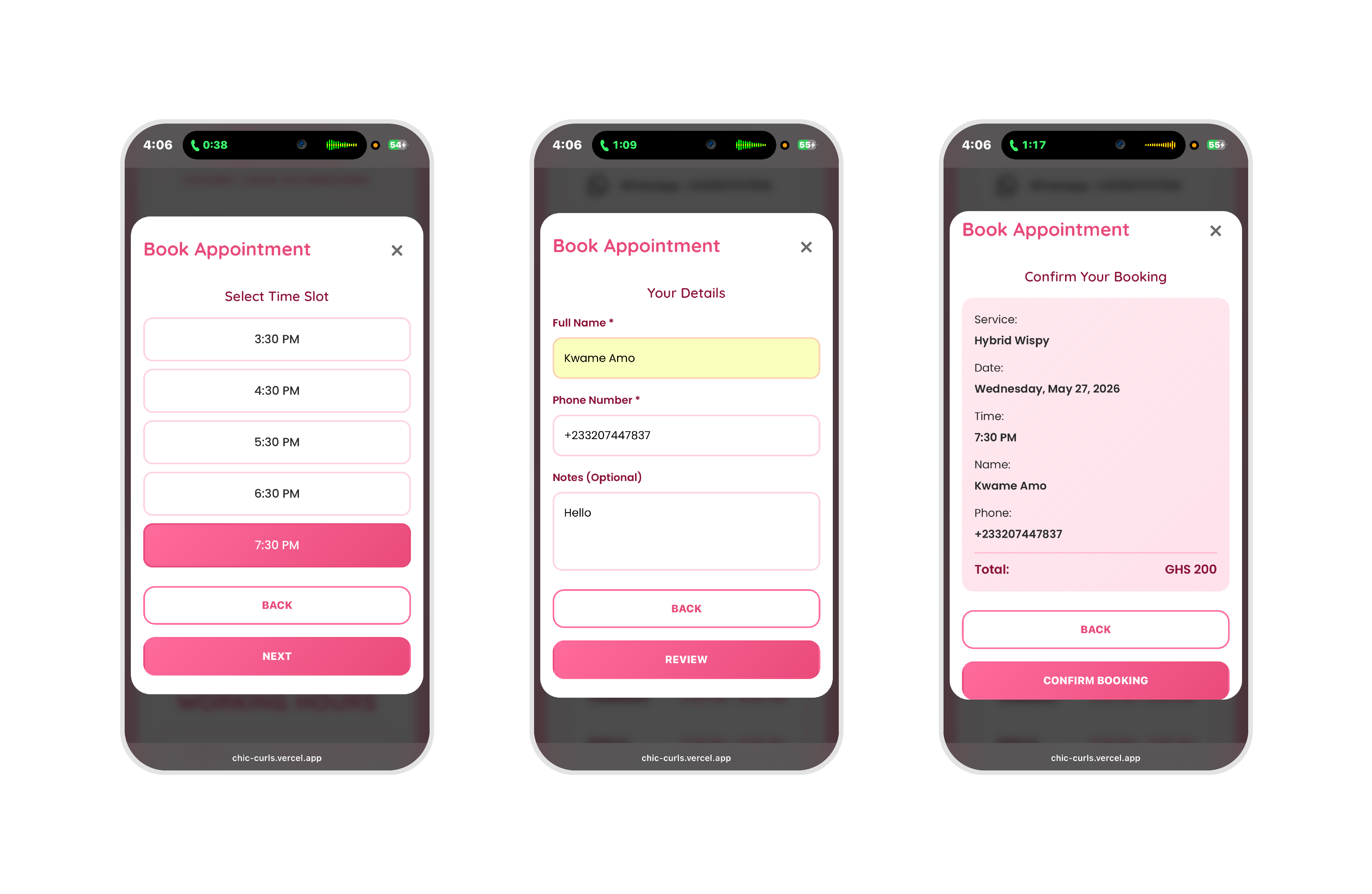 Chic Curls — time slot selection, customer details, and booking confirmation summary