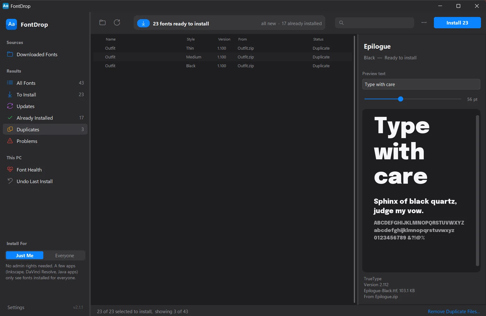 FontDrop's Duplicates view listing three Outfit weights found in two different zips