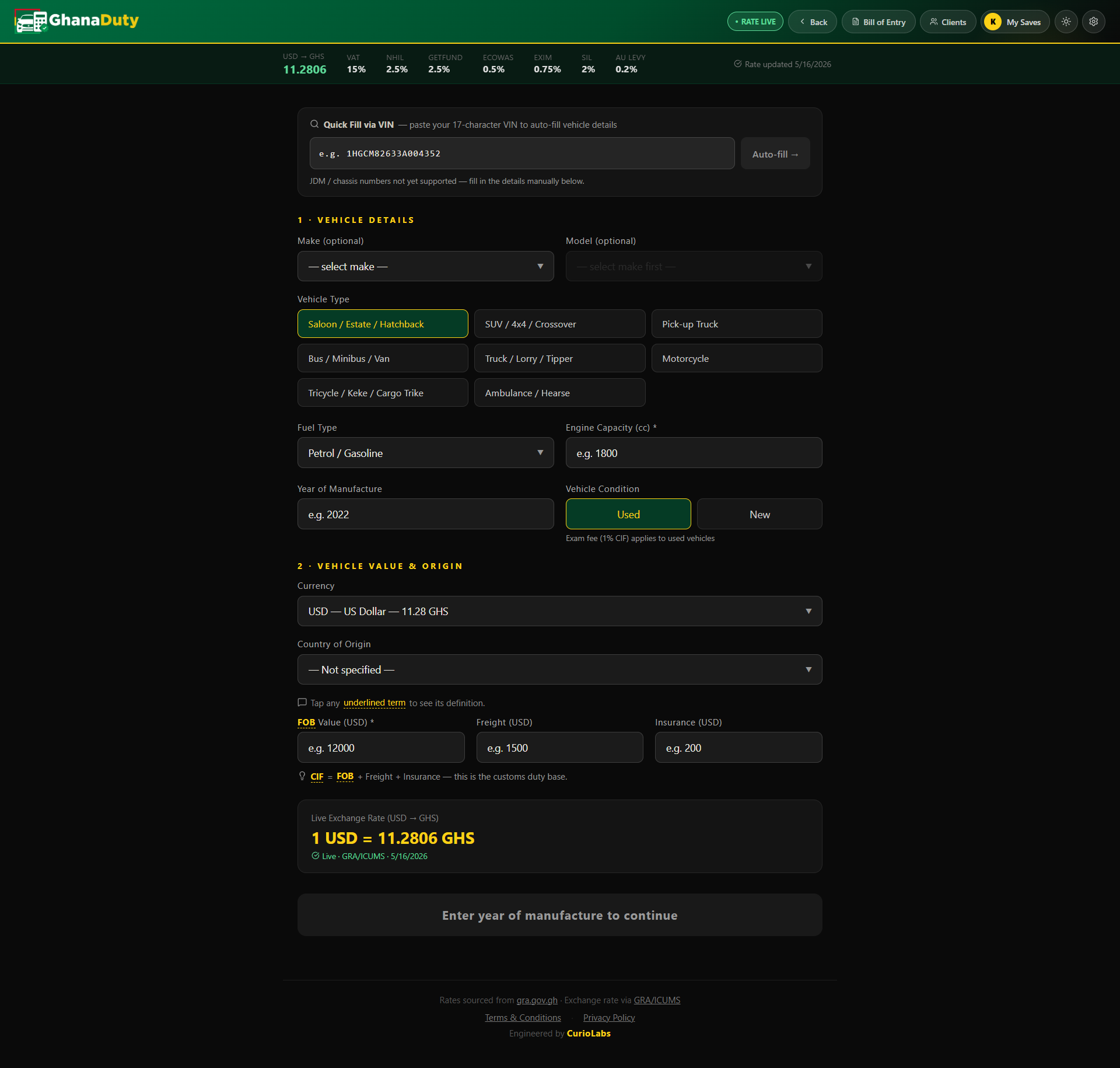 Ghana Duty Calc — Vehicle Search UI